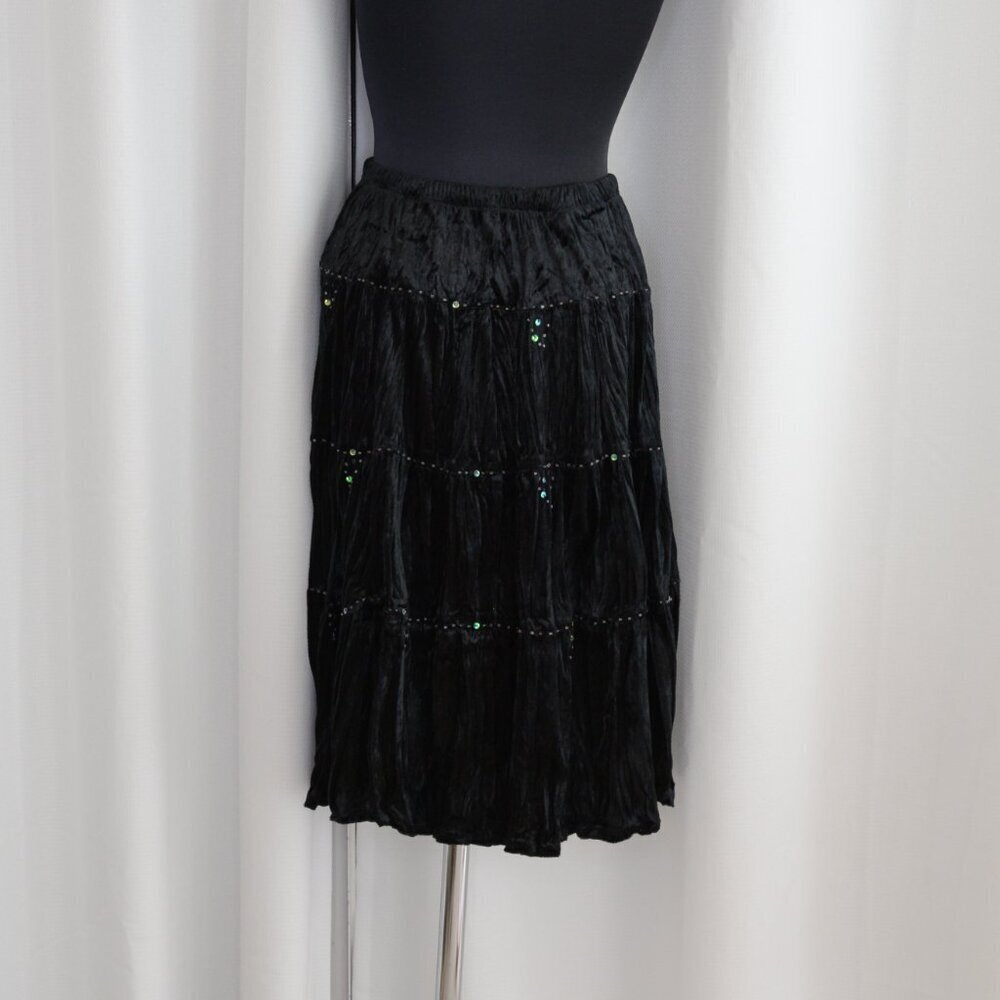 90s Whimsigoth Crushed Velvet Beaded Black Tiered Midi Skirt Sz S - Picture 3 of 8